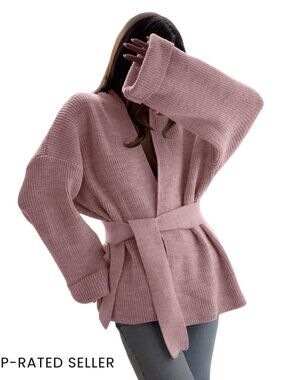 Oversized Knit Cardigan Wrap Sweater Belted Loose Fit Long Sleeve Open Front